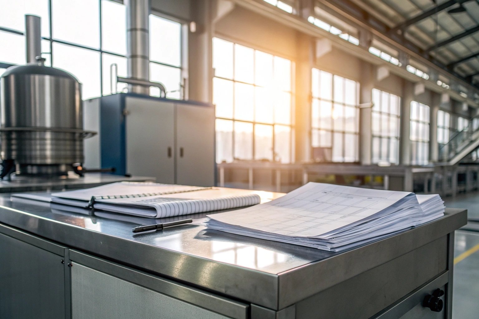 Stack of papers and notebooks on a stainless-steel counter in a modern factory setting.